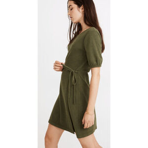 Madewell Women's Green Crosshatch‎ Puff-Sleeve Faux-Wrap Mini Dress Size S